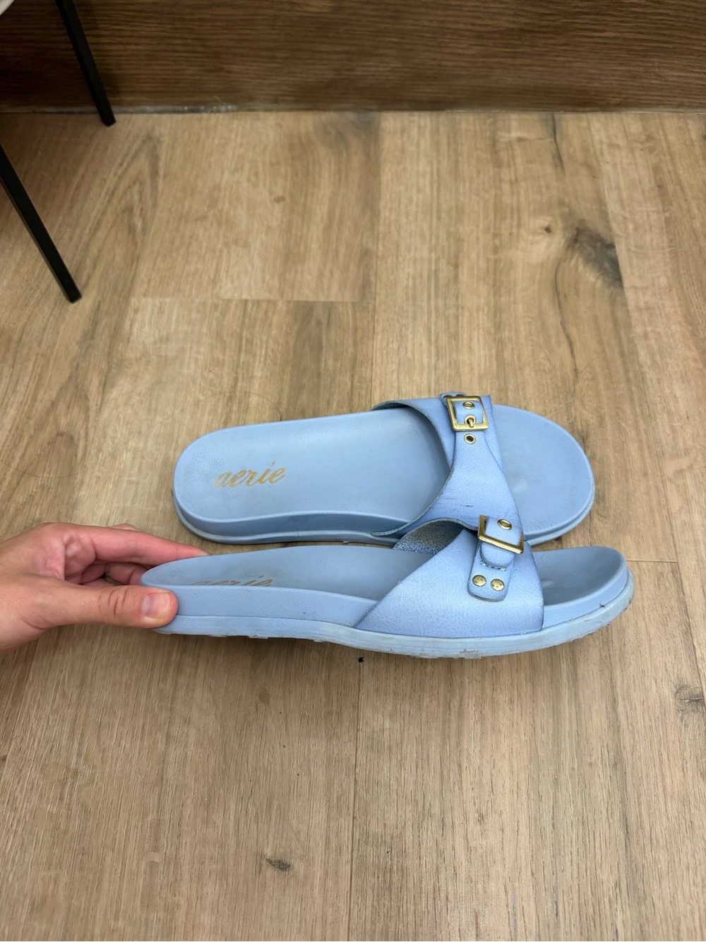 aerie Pastel Blue Slide Sandals with Gold Buckles